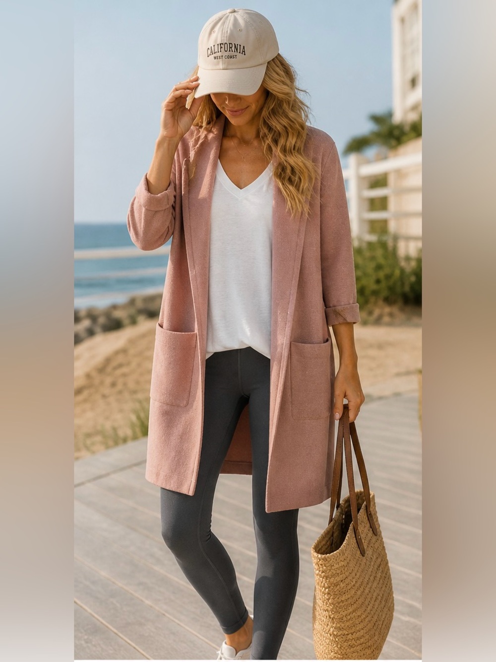 Anrabess Longline Sweater Coat XL Open Front Cardigan Duster Blush Pink Pockets